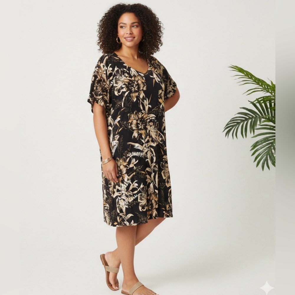 Ellos Floral Black & Gold Short Sleeve Casual Dress Size 4X (34/36)
